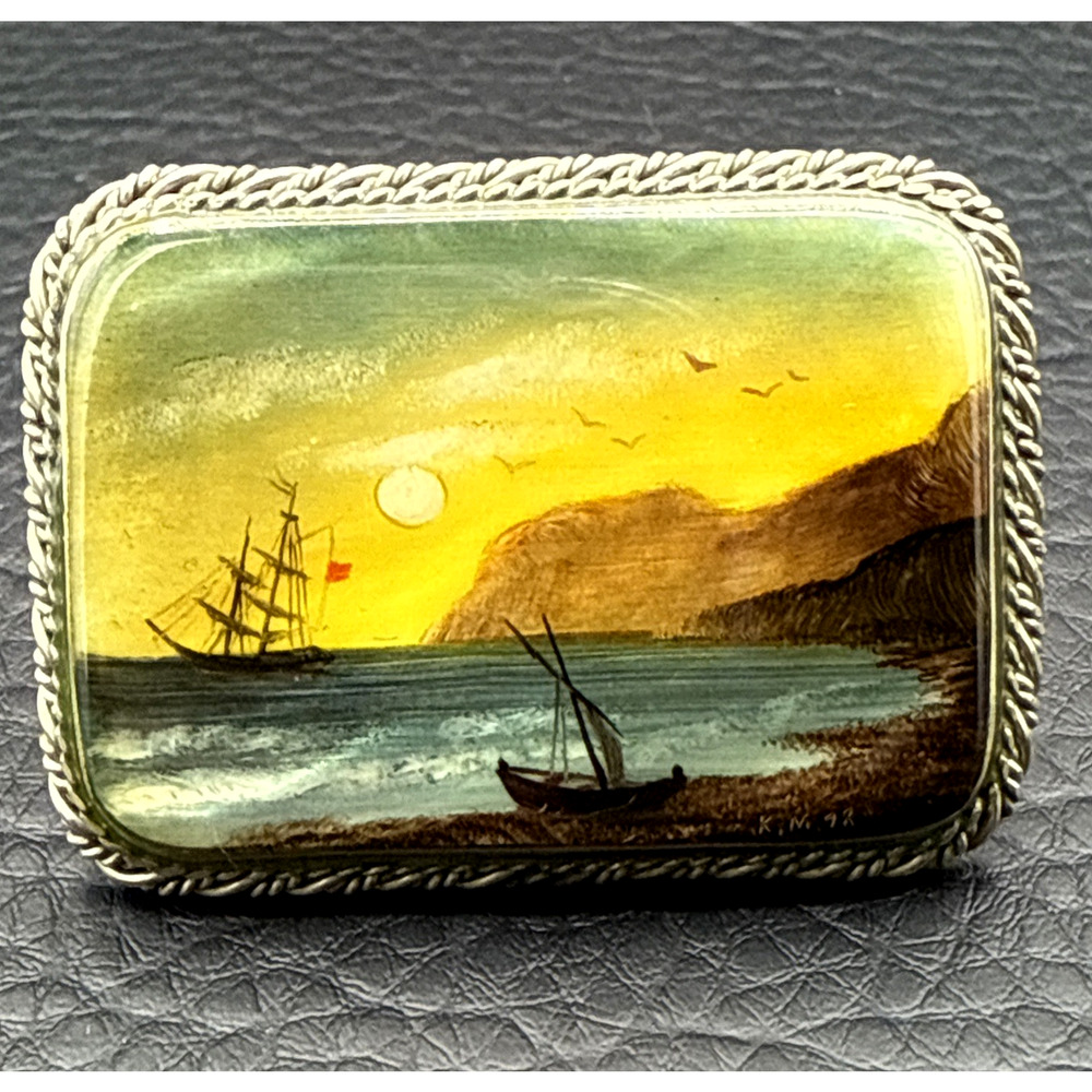 Vintage Brooch Fedoskino Hand Painted Mother of Pearl Coastal Ships Signed KM 98